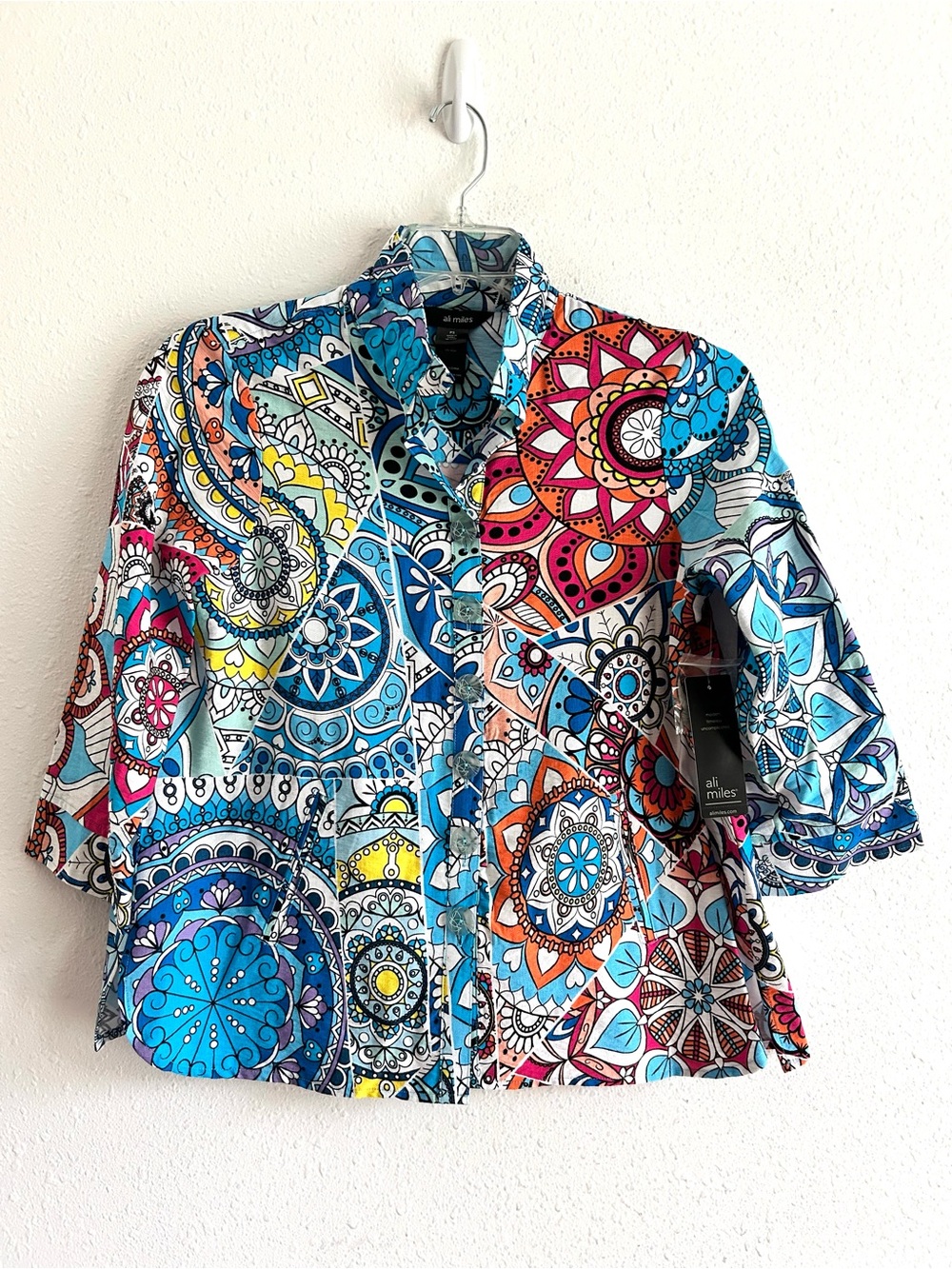 Ali Miles Tunic Top Women's Petiet Sz SP Multicolor 3/4 Sleeve Pockets Colorful